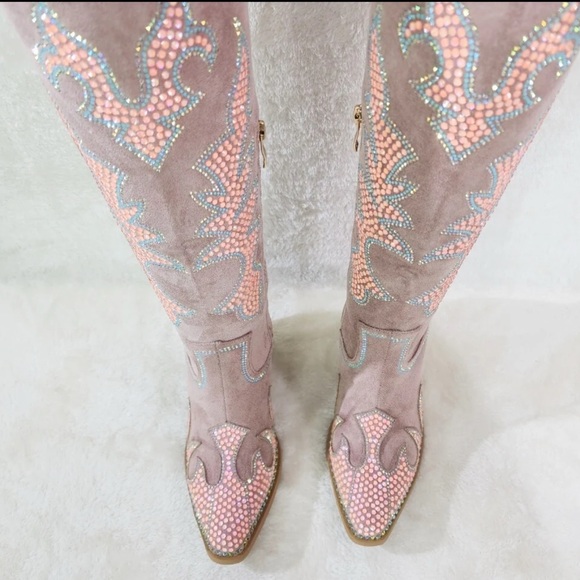Sparks Country Western Cowgirl Knee Boots Dazzleing Iridescent Rhinestones Pink - Picture 2 of 13